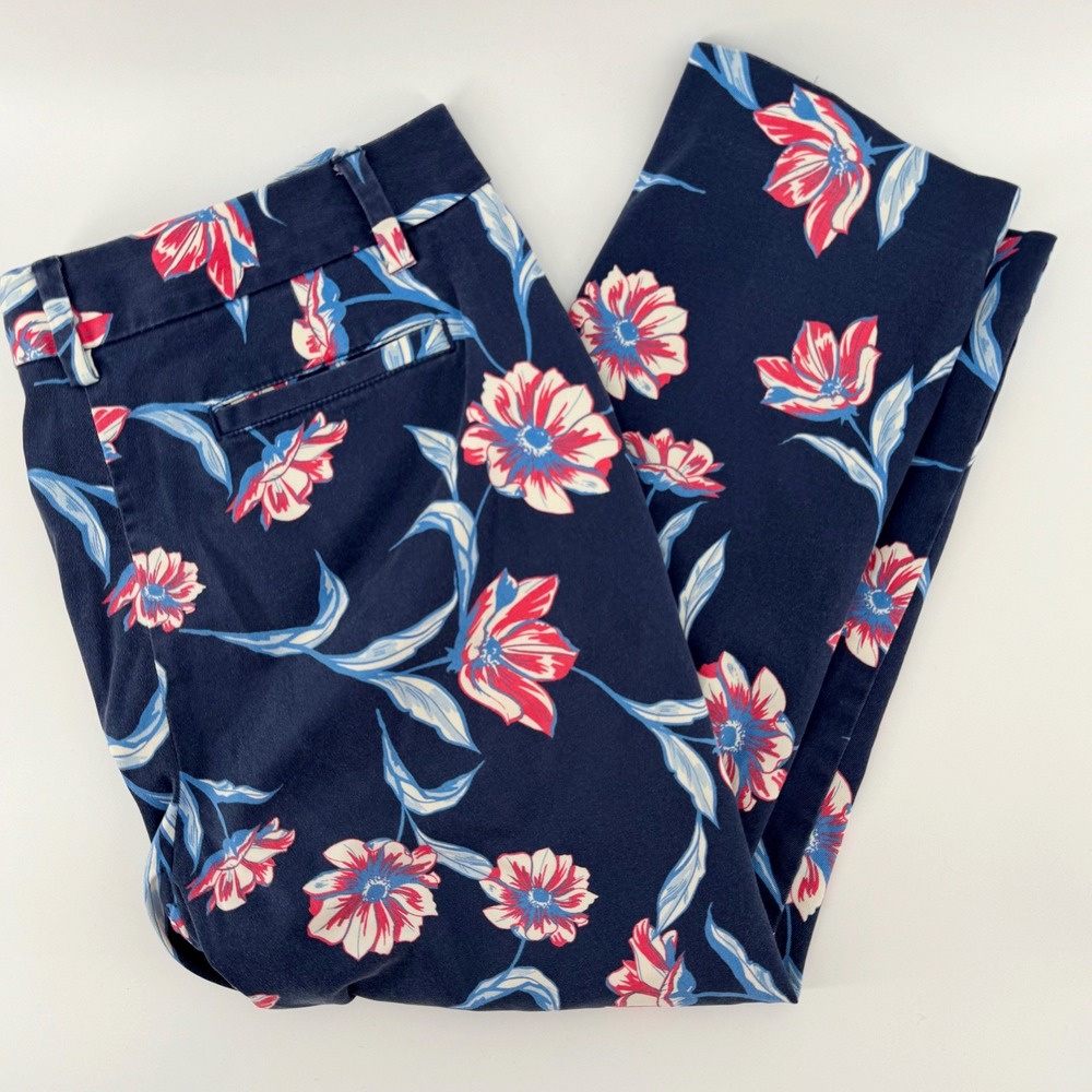 Lands End Womens 8P Straight Leg Floral Ankle Pants Navy Blue Red White Stretch